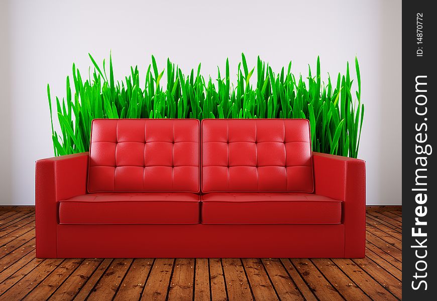Red sofa in room with grass picture on the wall