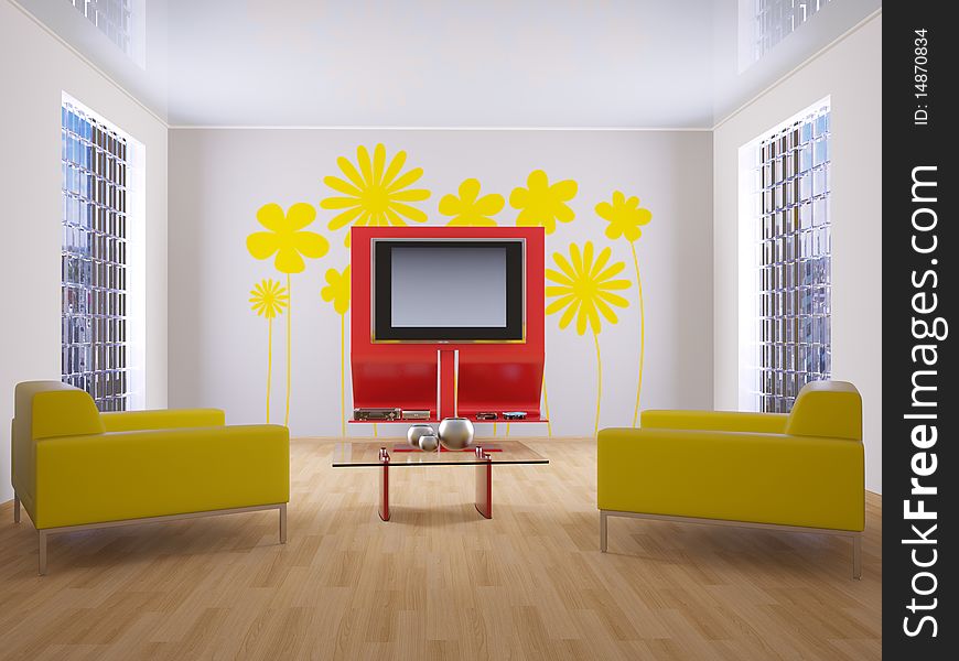 Modern interior with yellow armchair and picture on wall