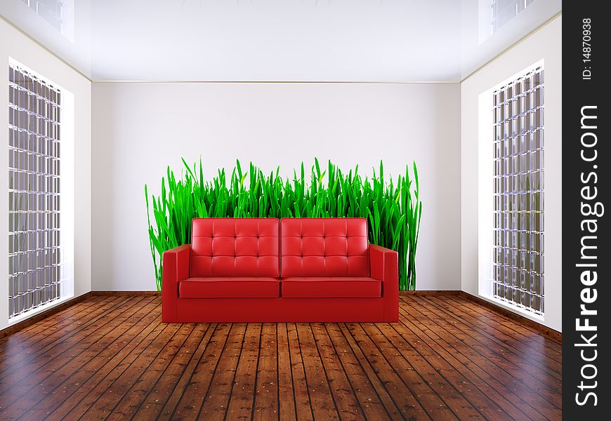 Red sofa in room with grass picture on the wall