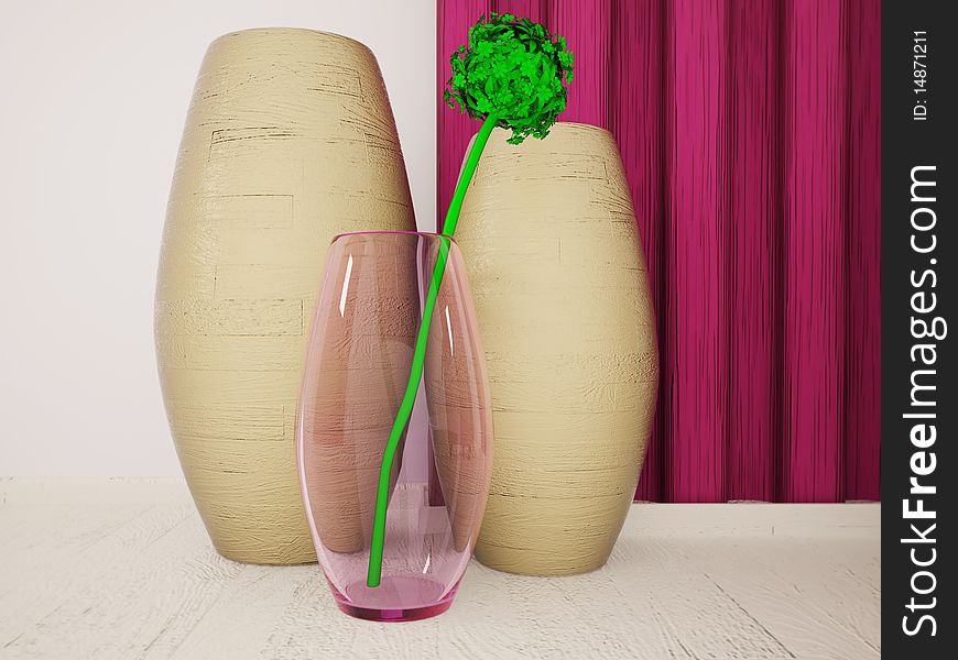 Glass decorative vase with green flower inside