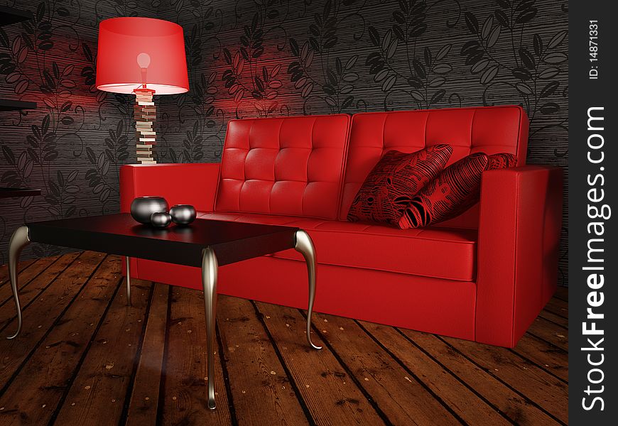 Black room with red sofa and night-light