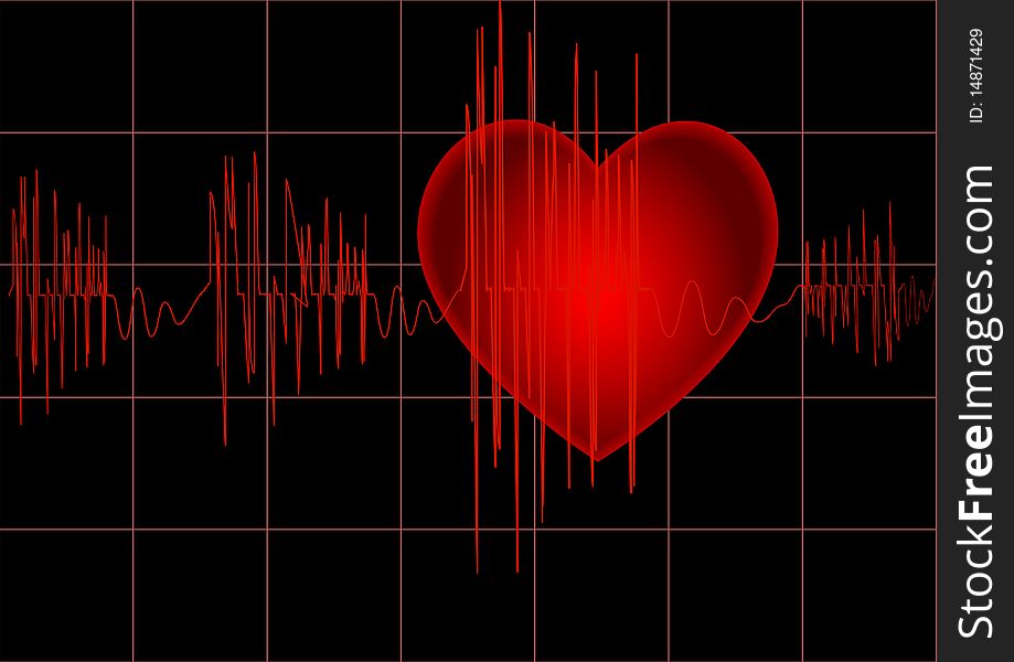 The cardiogram of red color on black background with heart