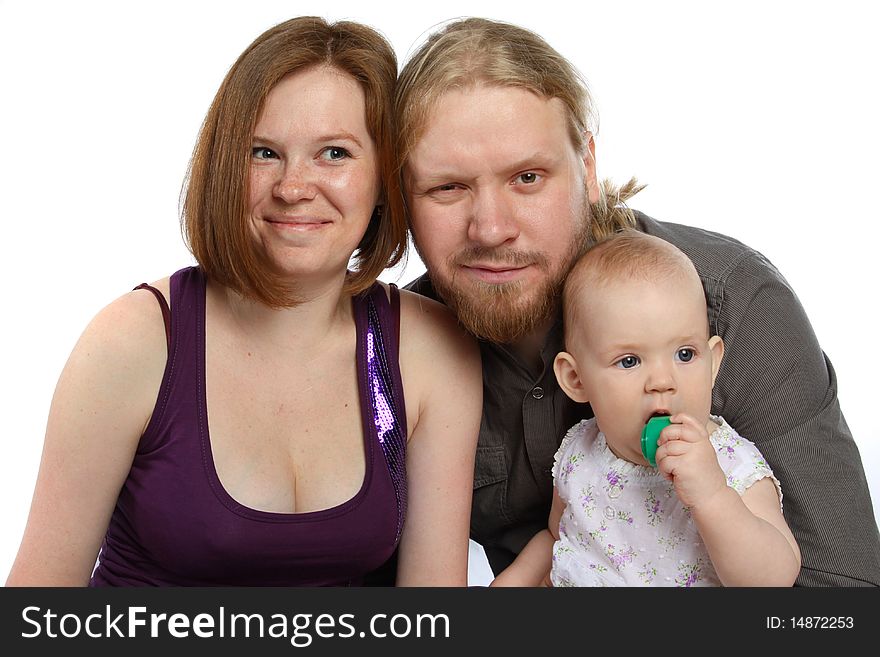 Happy young family over white