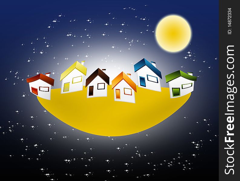 Fantasy with houses floating on a starry sky. Fantasy with houses floating on a starry sky