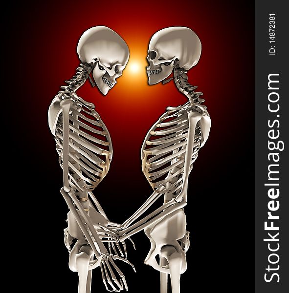 Two skeletons in a loving romantic pose. Two skeletons in a loving romantic pose.