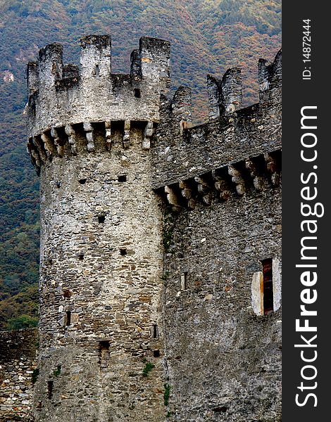 The corner tower of a medieval fortress in Bellinzona, the Italian part of Switzerland.