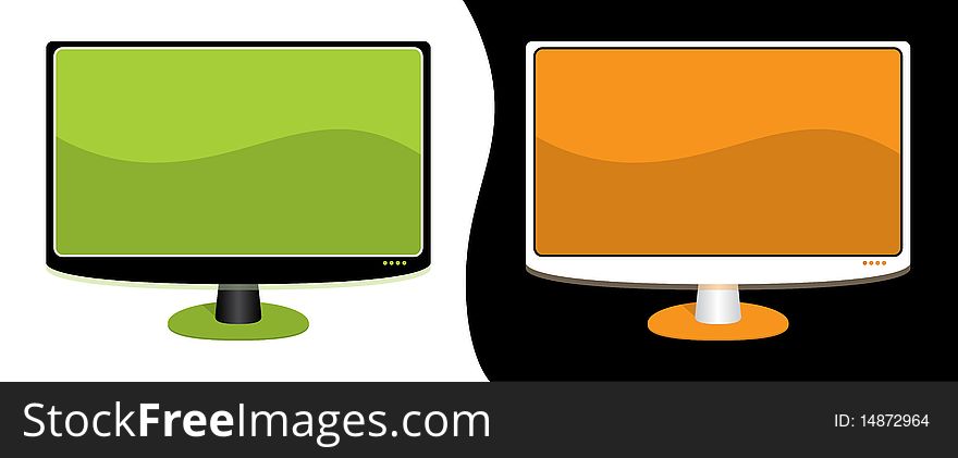 A black monitor with green details and a white monitor with orange details. A black monitor with green details and a white monitor with orange details.