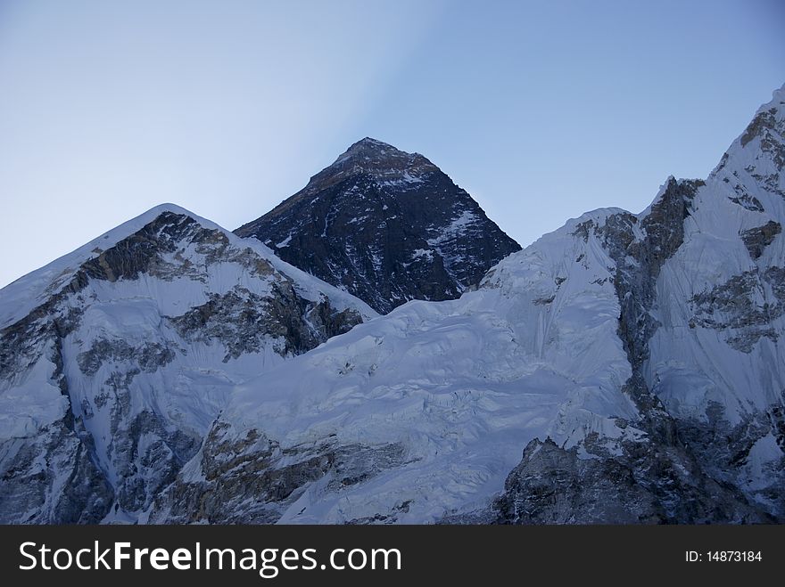 Everest before sunrise, with Nuptse to the right.