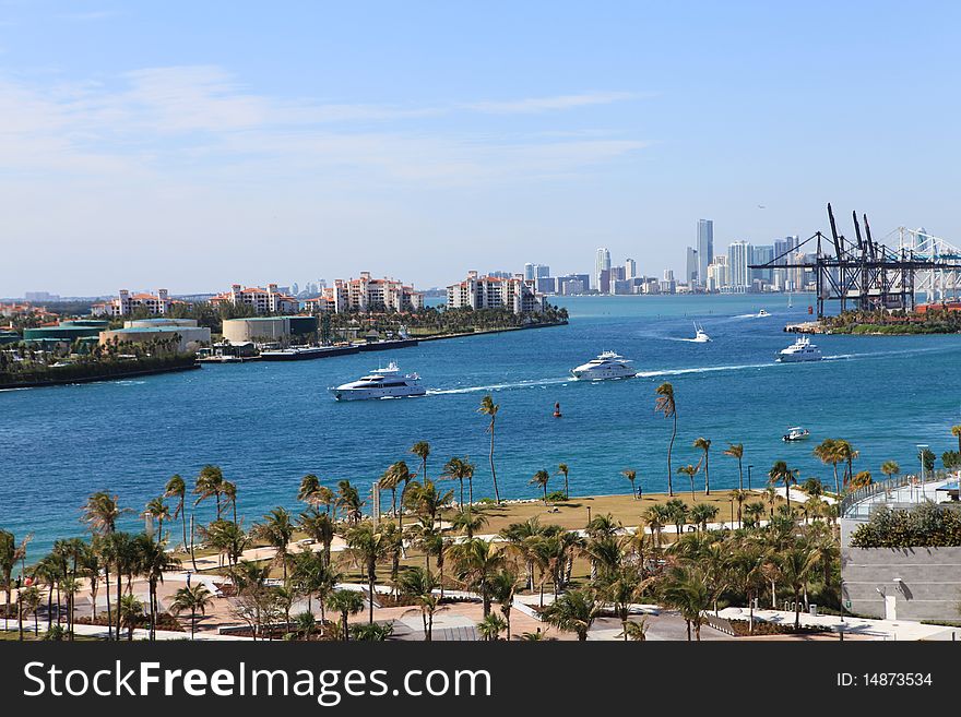 Aerial view of government cut waterway, South Point Park, and fisher Island,