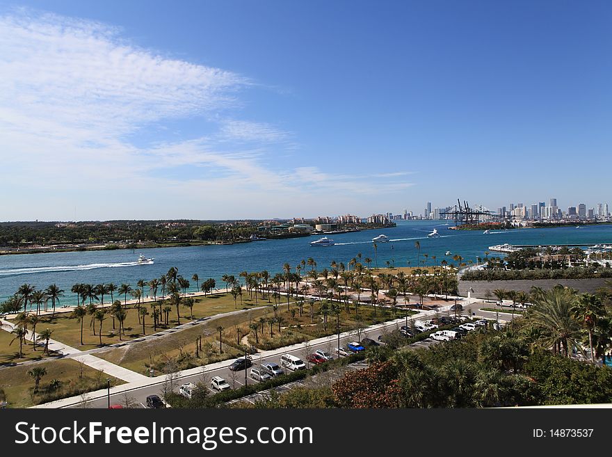 Aerial view of government cut waterway, South Point Park, and fisher Island,