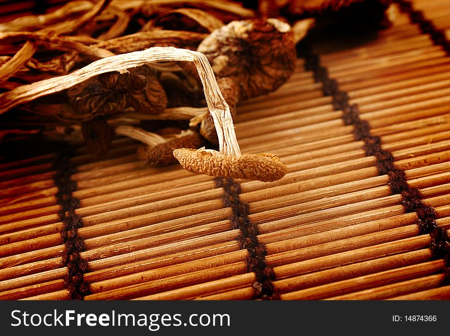 An image showing some dried oriental willow mushrooms, or brown tea tree mushrooms. Popularly used in chinese eastern cuisine, for stew, soups or salads. Vertical color format. Fragrant and exquisite flavor. Healthy food, high in protein and low in fat.