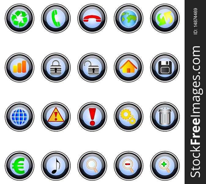 Illustration of different glass buttons over white background