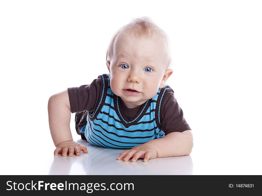 Photo of adorable young boy on white background