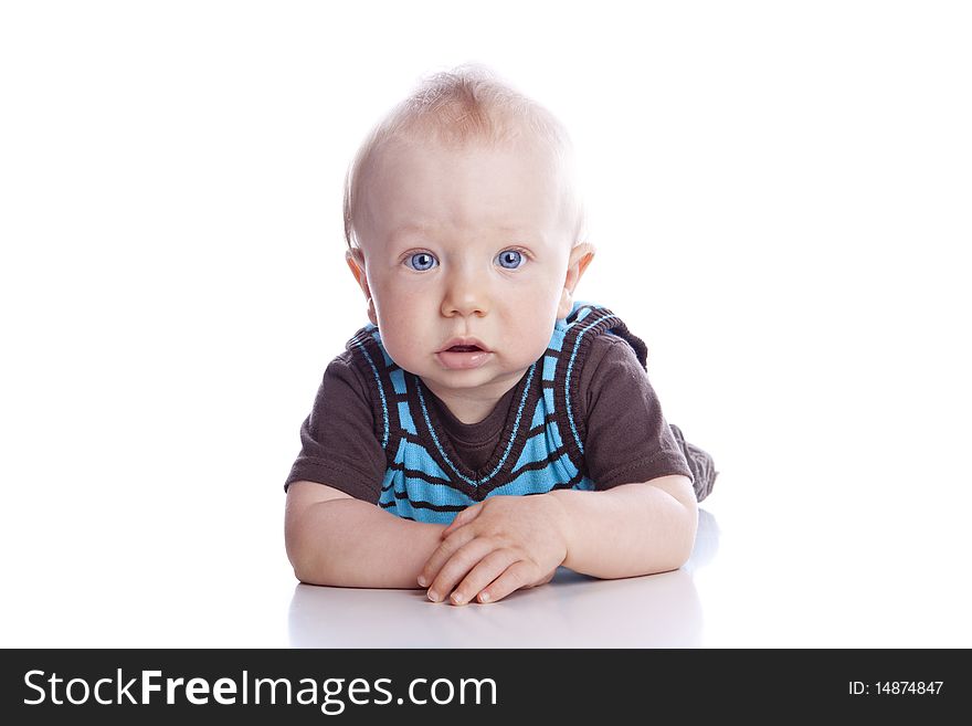 Photo of adorable young boy on white background