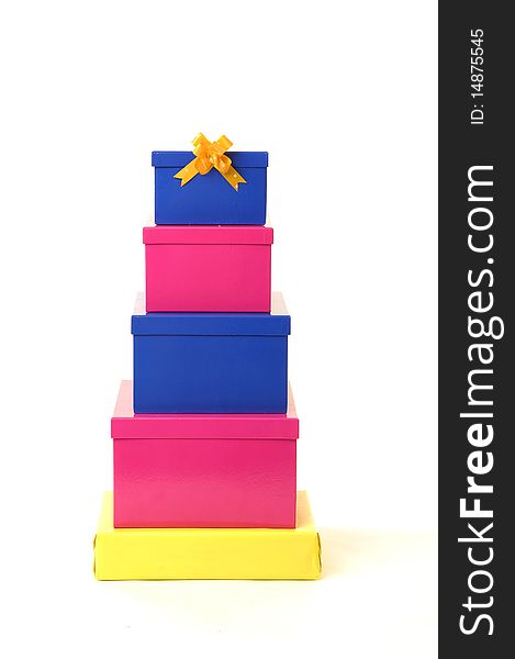 Stack of various gift boxes isolated on white