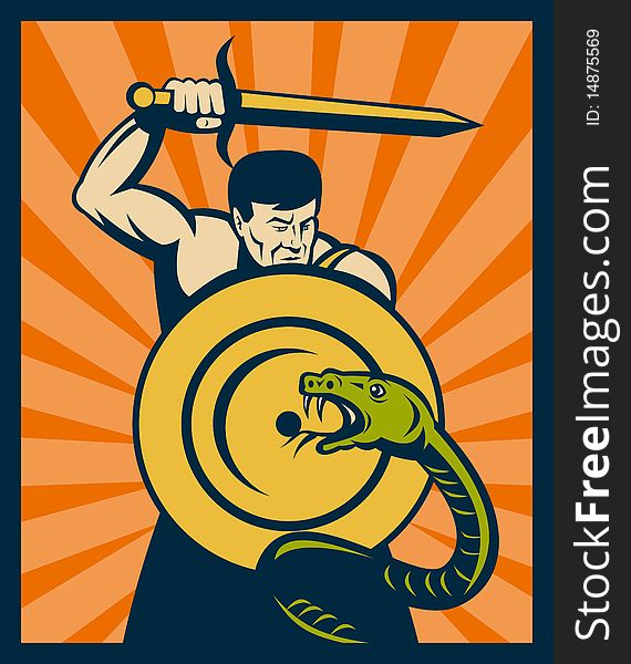 Illustration of a Warrior with sword and shield striking a snake or serpent with sunburst in background. Illustration of a Warrior with sword and shield striking a snake or serpent with sunburst in background