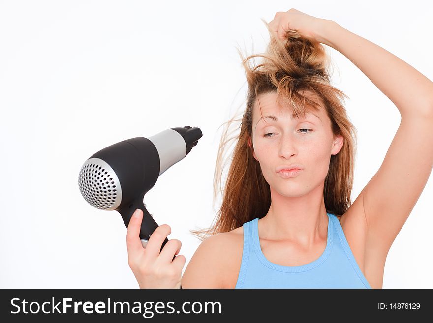 Hair blowing drying female beeing sad with hairs. Hair blowing drying female beeing sad with hairs