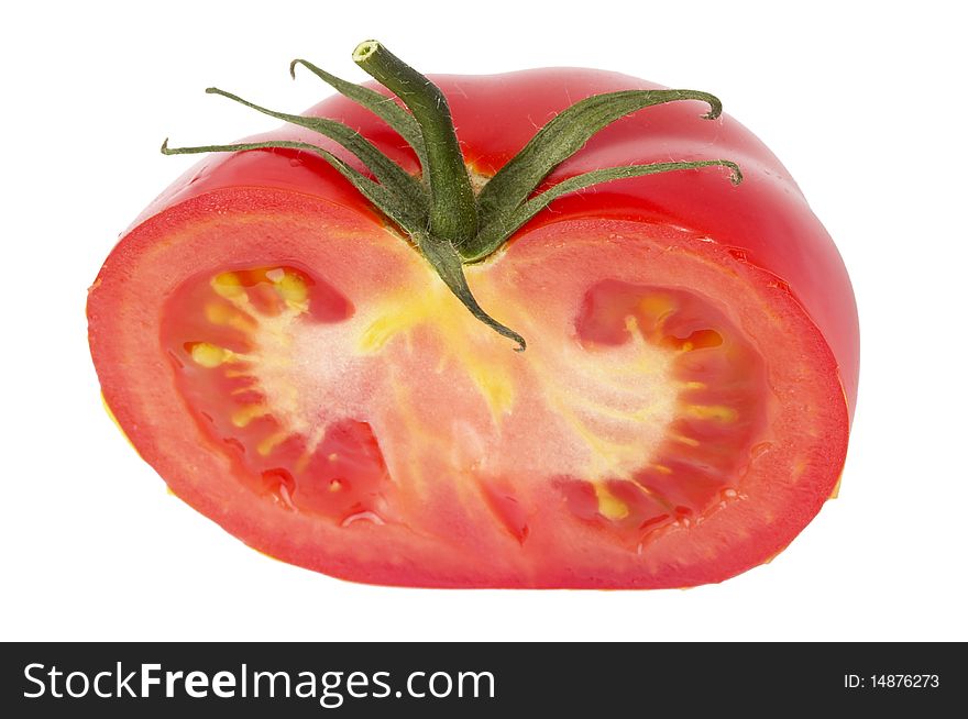 Tomato's half macro shot isolated over white background. Tomato's half macro shot isolated over white background