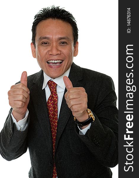 Portrait successful businessman, with thumb upwards before white background