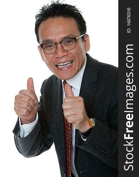 Portrait successful businessman, with thumb upwards before white background