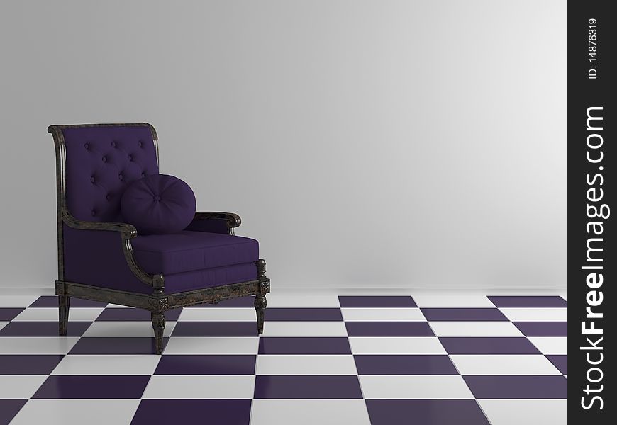 Classic violet sofa in the midle of the room, 3d render/illustration