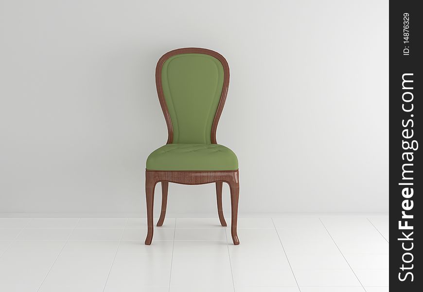 Classic green armchair in the midle of the room, 3d render/illustration