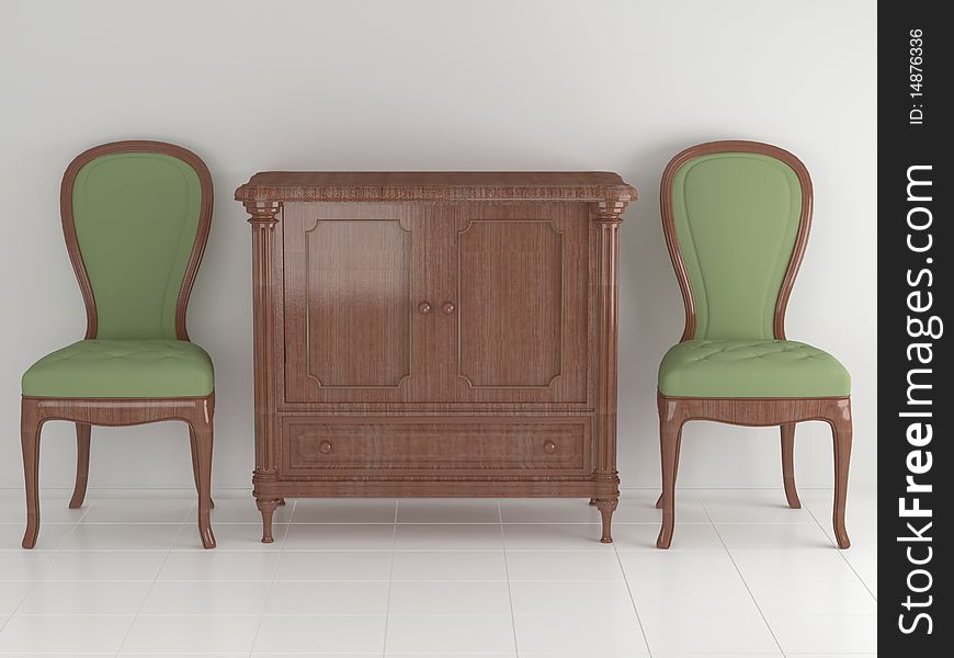 Classic green armchairs with locker  in the  white room, 3d render/illustration