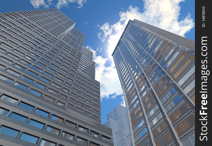 Two skyscrapers on background blue sky with white cloud. Two skyscrapers on background blue sky with white cloud