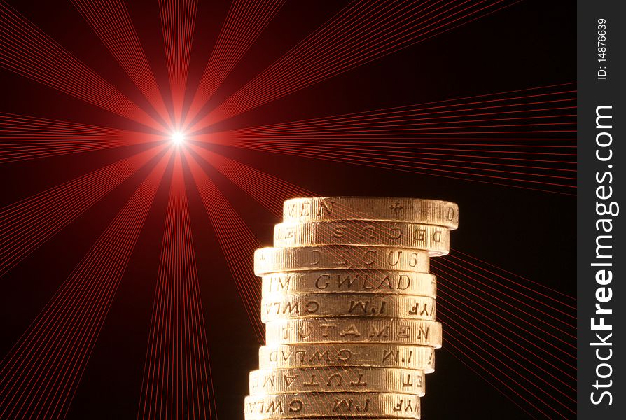 Stack of coins with red flare effect