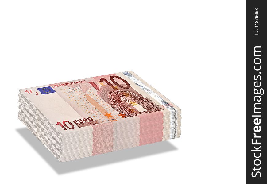 Stack of Ten Euro banknotes floating over white background. Stack of Ten Euro banknotes floating over white background