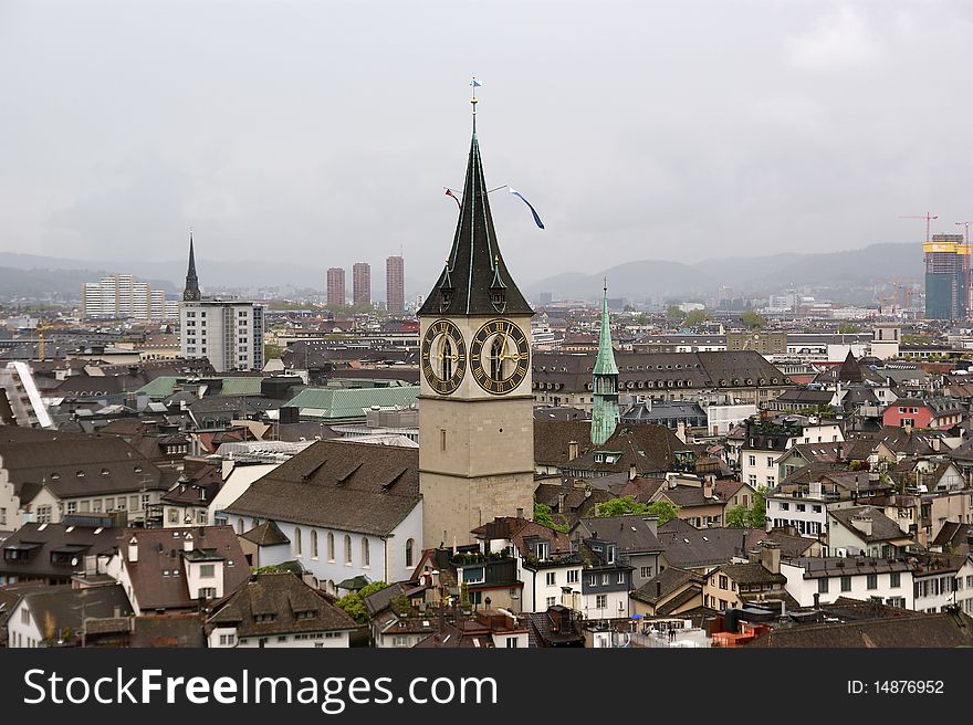 Switzerland, Zurich, view of the city on a foggy spring weather