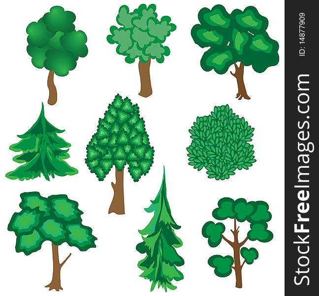 The Collection of nine trees. Vector illustration.