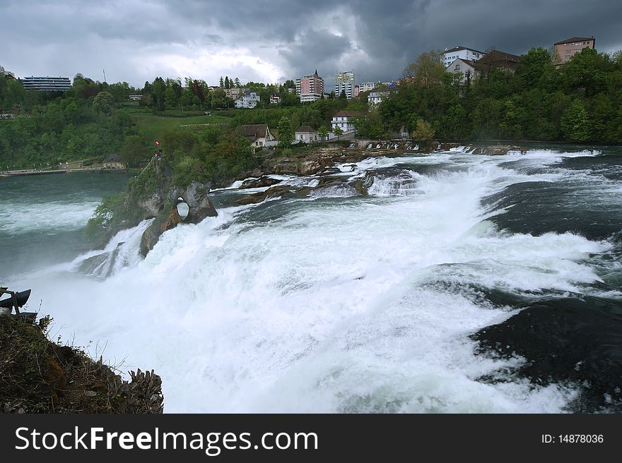 Waterfall Rhine Falls (Rheinfall) at Schaffhausen in Switzerland. The largest waterfall in Europe