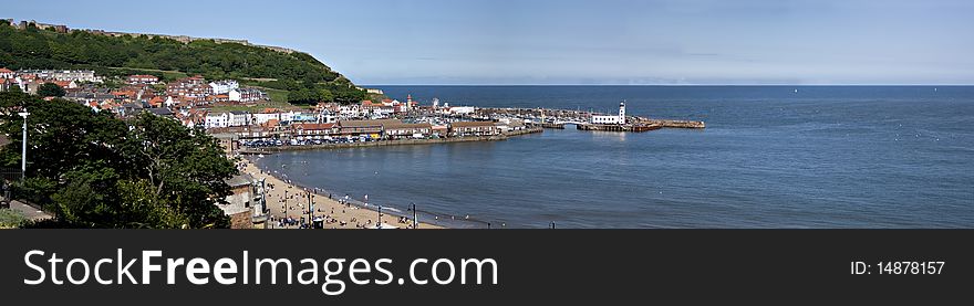 Panorama south bay scarborough lighthouse. Panorama south bay scarborough lighthouse