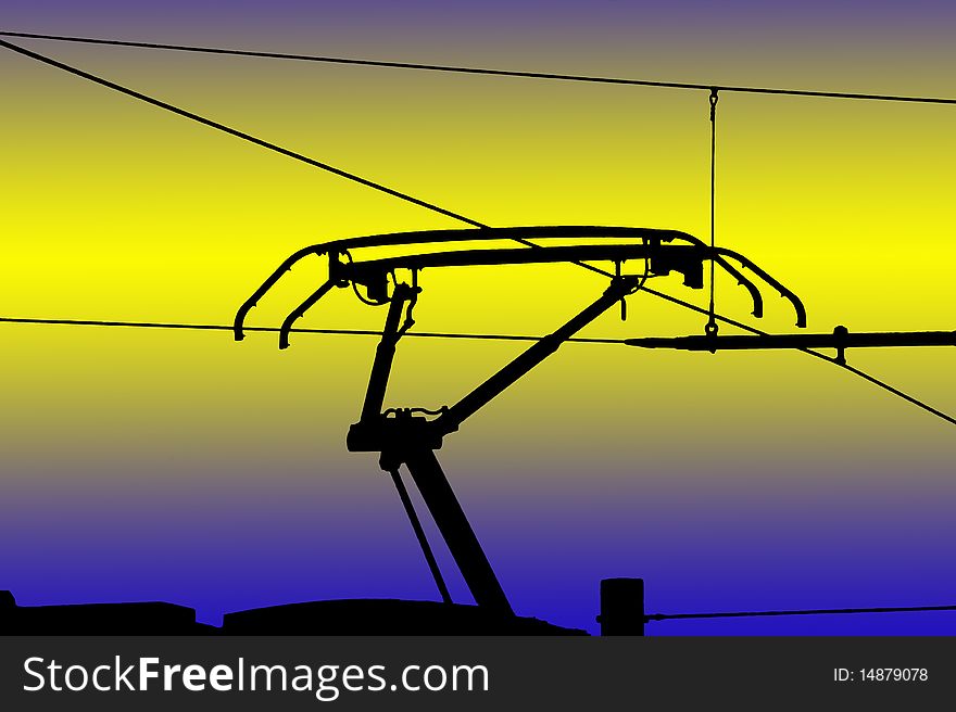 Contact wires modern electrified railway, isolated on colorful background