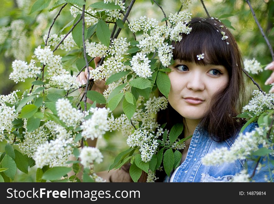 Girl standing near lilac in blossom