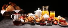 Huge Healthy Breakfast On Table With Coffee, Orange Juice, Fruits, Waffles And Croissants. Good Morning Concept Stock Photos