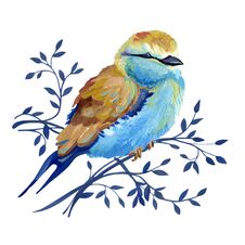 Free Gouache Plump Garden Bird On A Branch Stock Image - 148750591