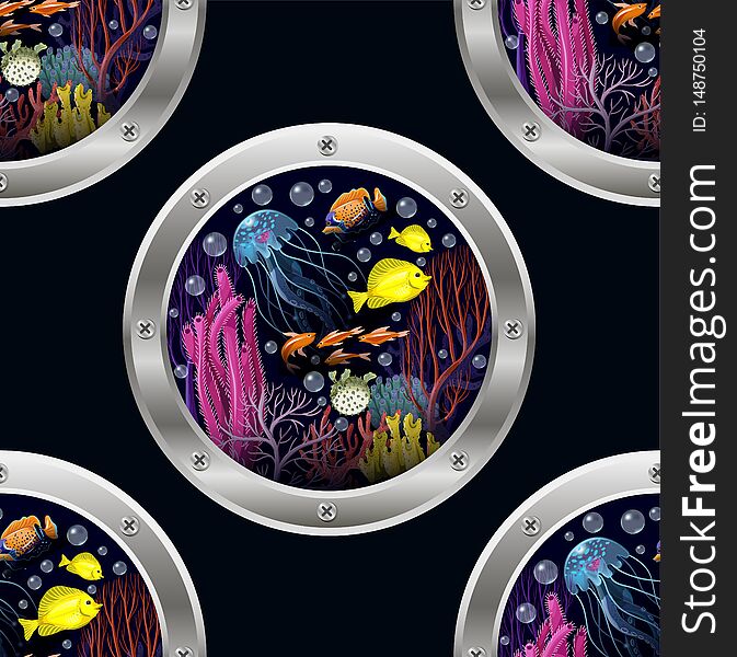 Seamless pattern with bathyscaphe window and sea inhabitans