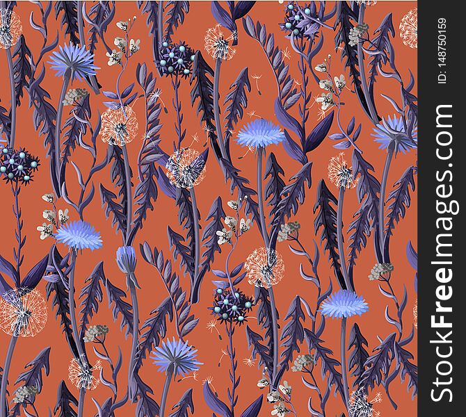 Seamless pattern with dandelion and wild flowers.