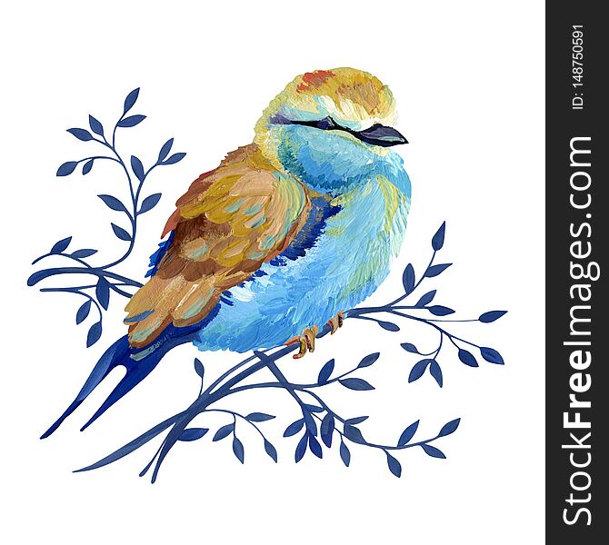 Gouache plump garden bird on a branch with natural elements for art work and wedding design