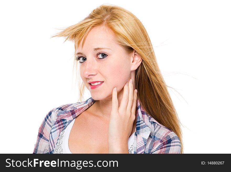 Young happy blond female, portrait, isolated