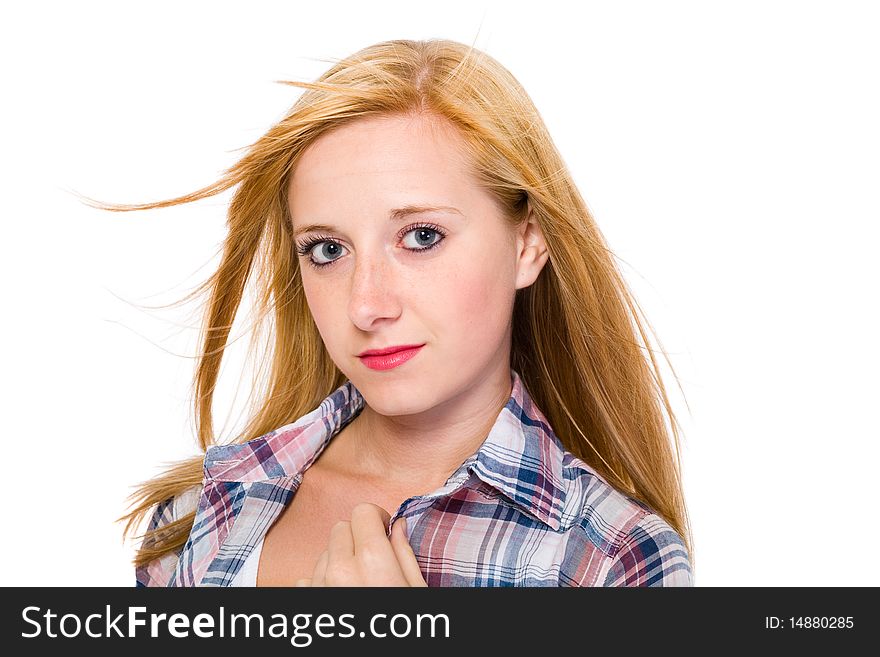 Young very attractive female portrait, great big eyes and look into camera, studio shoot isolated on white background. Young very attractive female portrait, great big eyes and look into camera, studio shoot isolated on white background