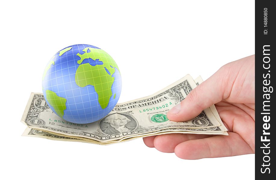 Holding money in hand with earth planet globe. Holding money in hand with earth planet globe