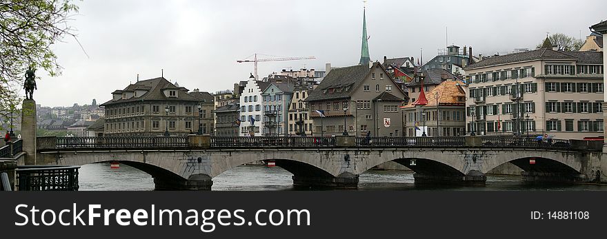 Switzerland, Zurich, panoramic view of the city on a foggy spring weather