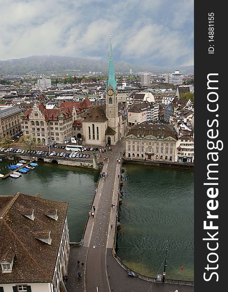 Switzerland, Zurich, view of the city on a foggy spring weather