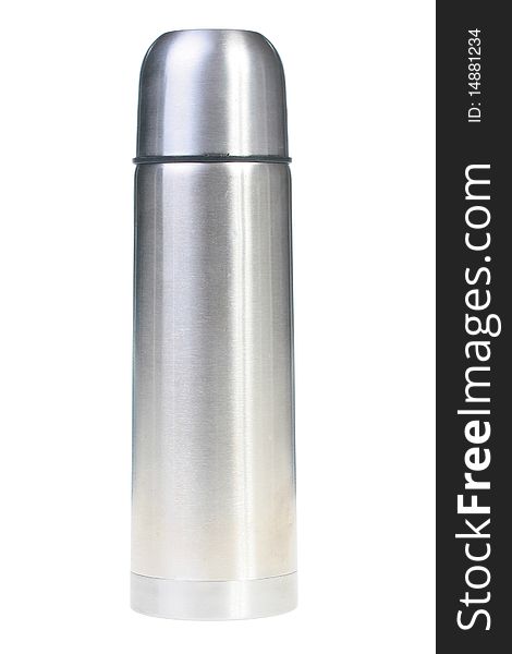 Metal thermos for preservation of a hot or cold liquid on a white background.