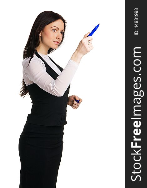 Cute businesswoman writing with a marker, white background