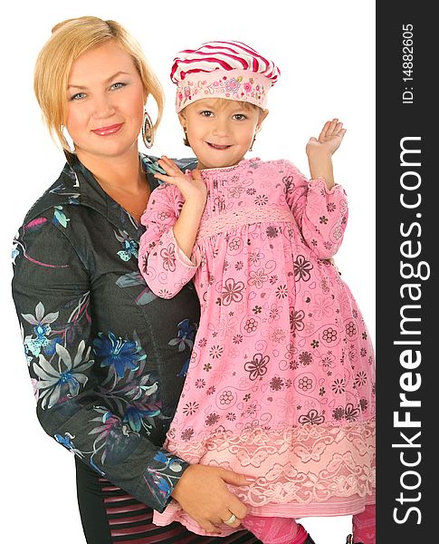 Mother with little daughter on white background