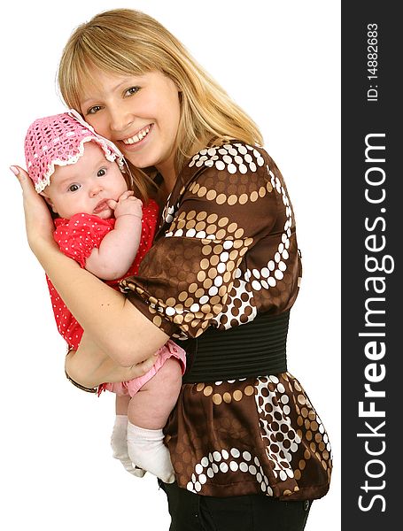 Happy mother with little daughter on white background